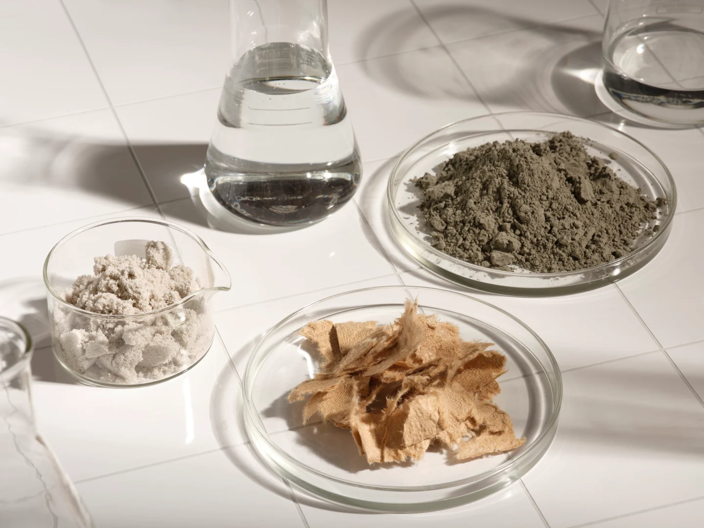 smiltis, ūdens, cements un celulozes šķiedra