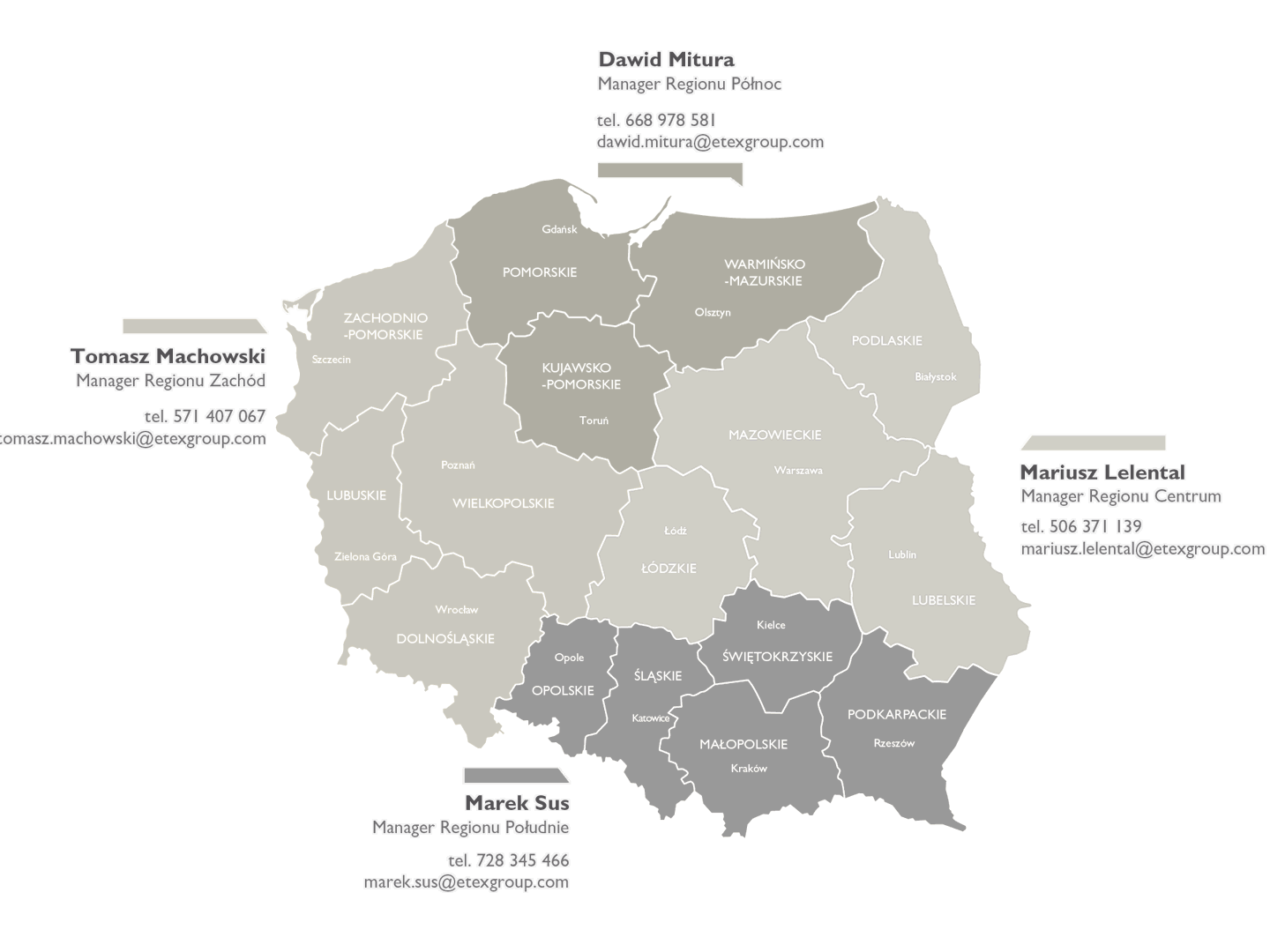 mapa z kontaktami do doradców EQUITONE  w Polsce